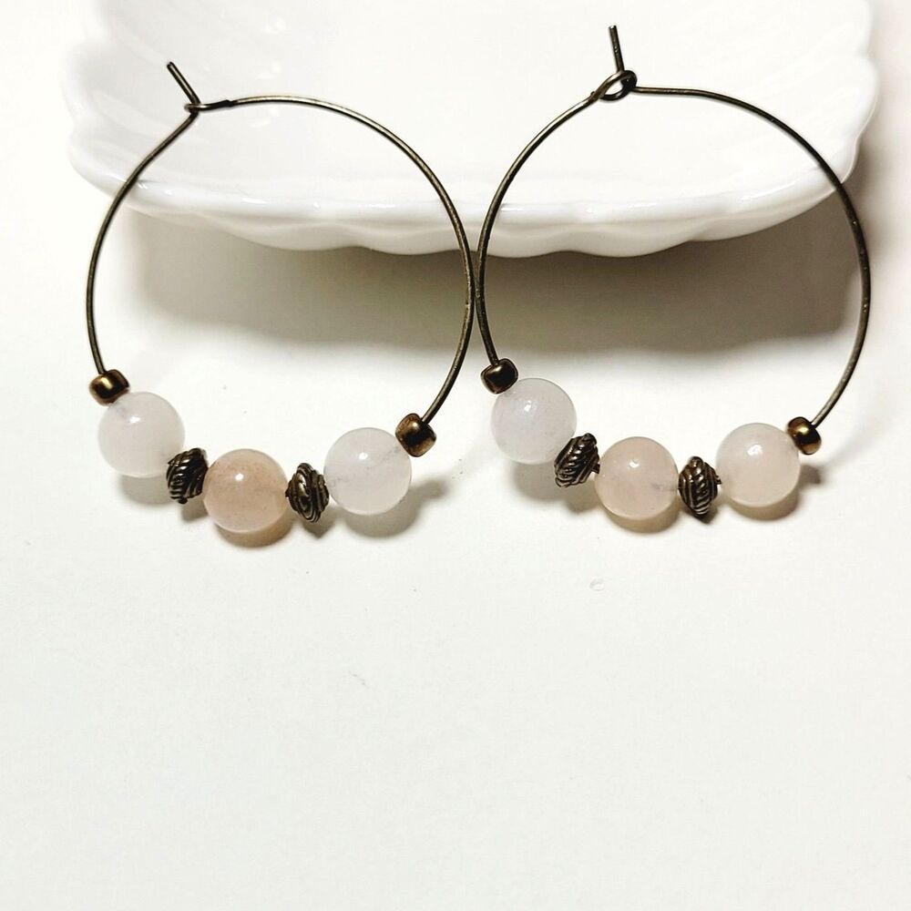White Aventurine gemstone Hoops Meaningful earrings Earthy Bohemian  677■